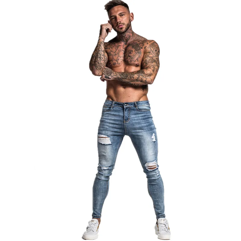 Jeans da uomo Jeans hip-hop skinny elasticizzati riparati Blu chiaro effetto consumato Super skinny slim fit in cotone confortevole