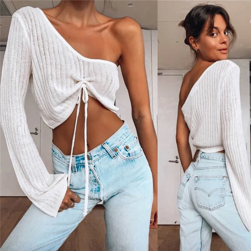 Sexig Drawstring Off Shoulder Kvinnors Stickning Sweater Single Sleeve Vit Pullover Toppar Sommar 210430