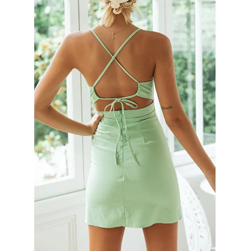Robe de soirée d'été sexy sans dos fendue femme moulante à lacets décontracté coton mini soleil vert plage vestidos 210427