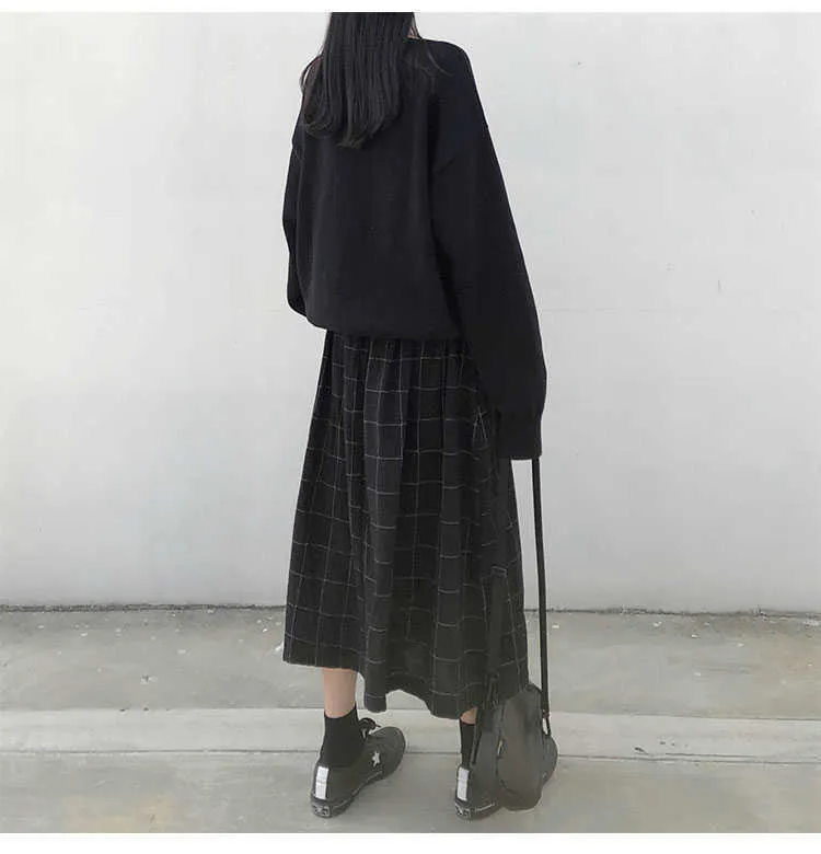 2 Farben japanischer Stil hohe elastische Taille lange Röcke Frau Herbst Winter karierte A-Linie Faltenröcke X1078 210724