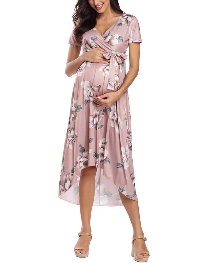 Robe de maternité pour femmes Faux Wrap avec ceinture réglable Col en V Grossesse d'allaitement ES Casual Floral Nursing 210922