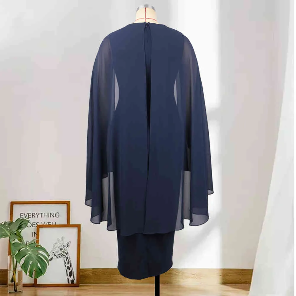 Women Bodycon Dress V Neck Patchwork Chiffon Sleeves Navy Blue Slim Fit Plus Size 4XL Female Party Night Elegant Clothes 210416