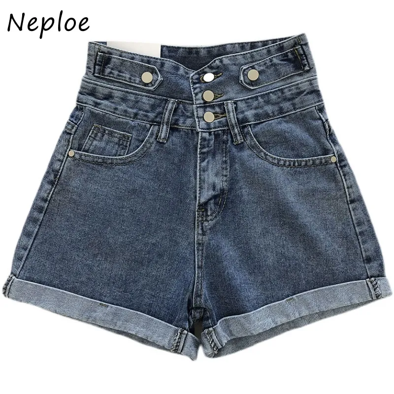 NEPLOE High Waist Hip Przycisk Design Denim Spodenki Feminino Wiosna Letnia Kieszonkowa Krótki Femme Proste Wszystkie mecz Causal 210510