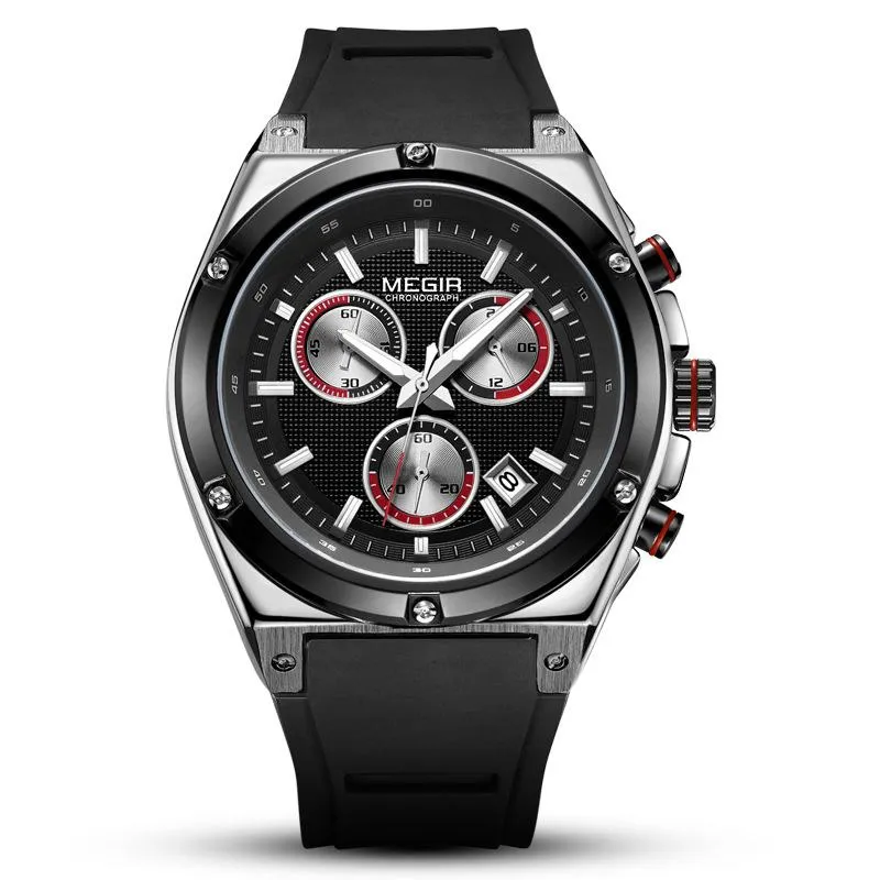 Silicone Sports Casual Multifunctional Chronograph Quartz Men's Calendar Watches Enkel och lyxig personlighet 2073 Wristwatche 280U