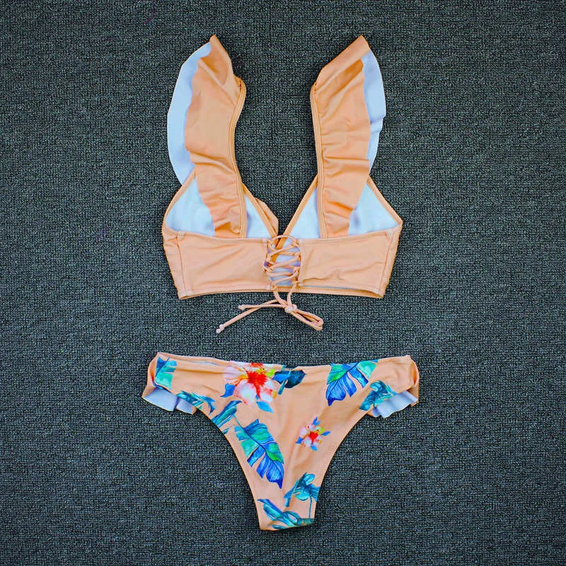 Sexy Bikini Print Floral Swimwear Women Lace Up Low Waist Bikinis Set Push Brazilian Swimsuit Ruffle Bathing Suit L 210629
