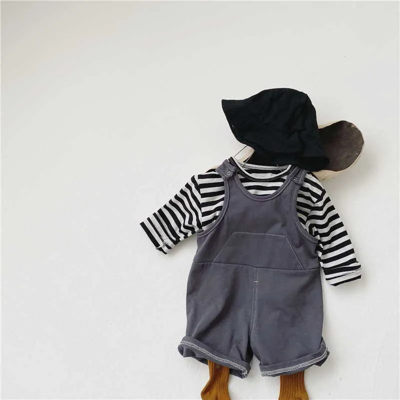 Wholesaleスプリング韓国風赤ちゃん2  -  PCSセットストライプロングスリーブTシャツ+オーバーオール子供服E5038 210610