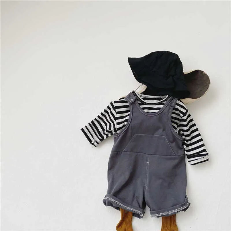 Wholesale Spring Korean Style Baby Girl 2-pcs Sets Striped Long Sleeves T-Shirt + Overalls Kids Clothes E5038 210610