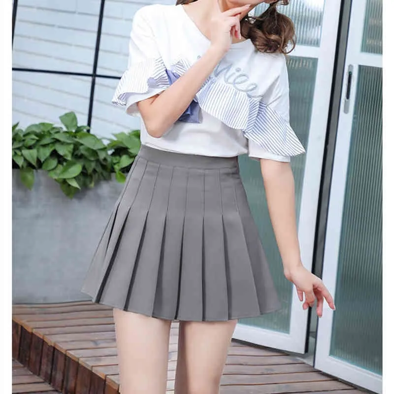 Leer vrouwen rok massief geplooide rokken hoge taille a-line korte rok zoete schattig meisje school uniform zipper mini rok 210331