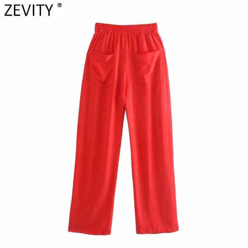 Zevity Frauen Einfach Einfarbig Taschen Patch Beiläufige Gerade Hosen Weibliche Chic Elastische Taille Lace Up Sommer Lange Hosen P1129 211112