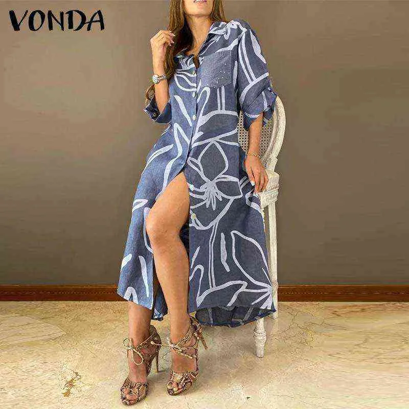 Spring Women Dress 2021 VONDA Casual Loose Long Sleeve Lapel Party Shirt Vestidos Holiday Vintage Printed Long Dress Femme Robe Y1204