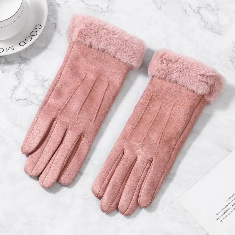 5本の指の手袋1ペアの女性冬のふわふわのカフシャモアレザーフリースライニングサーマルレディーススクリーンTouch277y