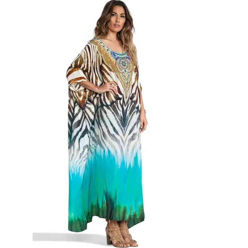 Bikini Cover-ups Mujeres Tallas grandes Ropa de playa Morrocan Kaftan Bohemio Impreso Vestido largo de verano Boho Traje de baño Cubrir Q1074 210420