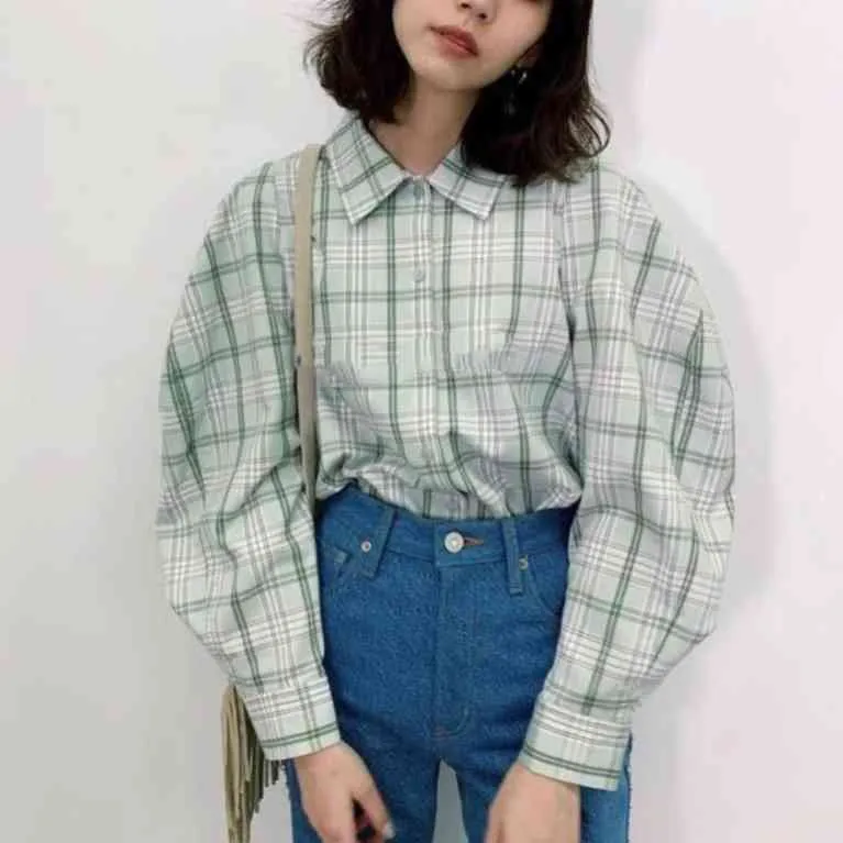 Spring Comfortable Plaid Long Sleeve Blouses Women Chic Puff Sleeve Design Ladies Tops All-match Button Up Shirt 210514