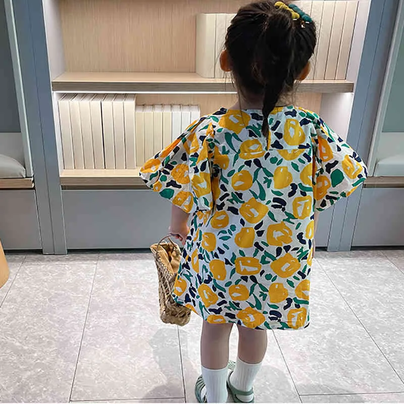Flor de vestido infantil impressão de manga curta verão criança roupas bonito estilo pastoral menina 210515