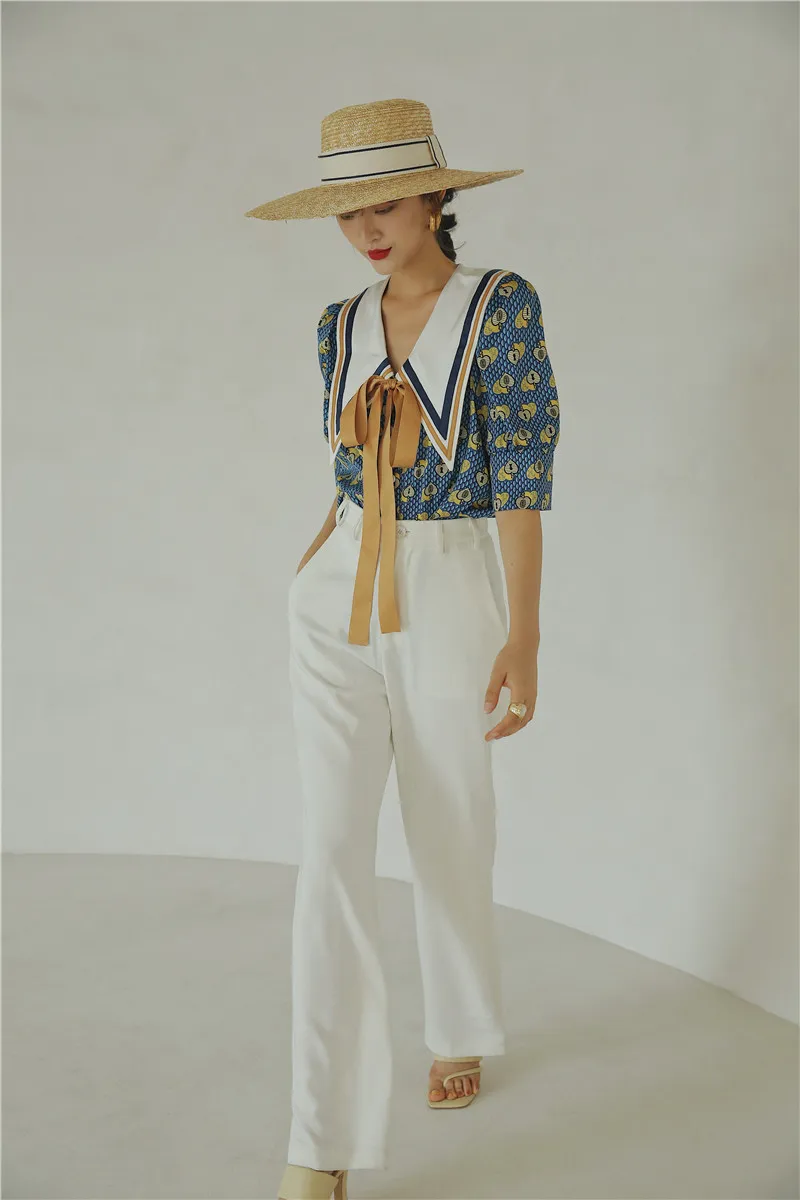 Vintage Bluzka Lato Top Blue Collar Koszula Kobiety Luźne Duży Projektanta Damska krawat Koreański Moda 210427