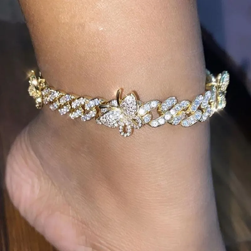Iced Out Butterfly Anklet Bracelet Crystal Rhinestone Hip Hop Cuban Chain Anklets for Women Boho Beach Foot Jewelry Vintage Person272Q