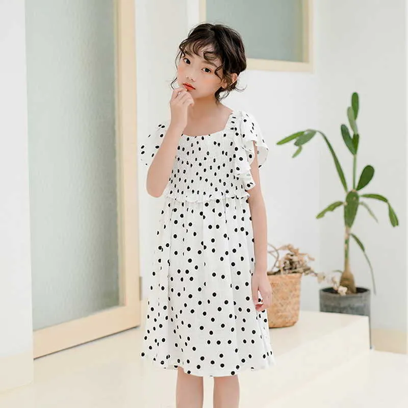 Wholesale Summer Teenagers Girl Dress Batwing Sleeves Dot Elastic Bust Cute Style Kids Clothes E32035 210610