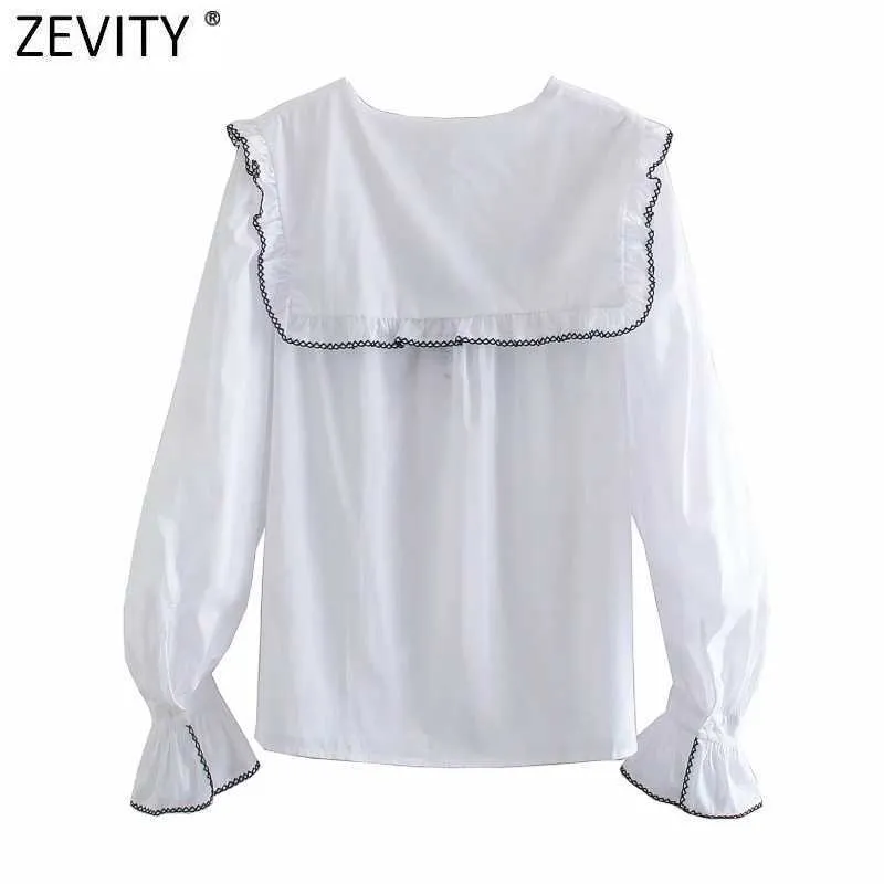 Zevity Women Sweet Black agarciレースエッジ装飾フリルホワイトスモックブラウスオフィスレディーコートシャツシックブロストップスLS7441 210603