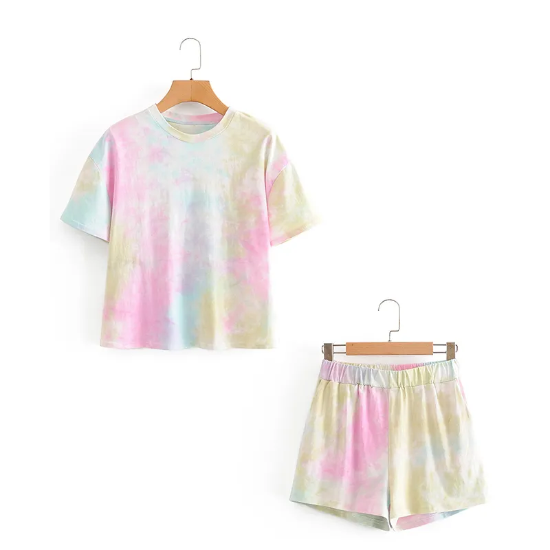 HSA Tie Dye TシャツOネックピンクイエローカジュアルトップス2個トップとショートパンツ夏のファッション服女性210417