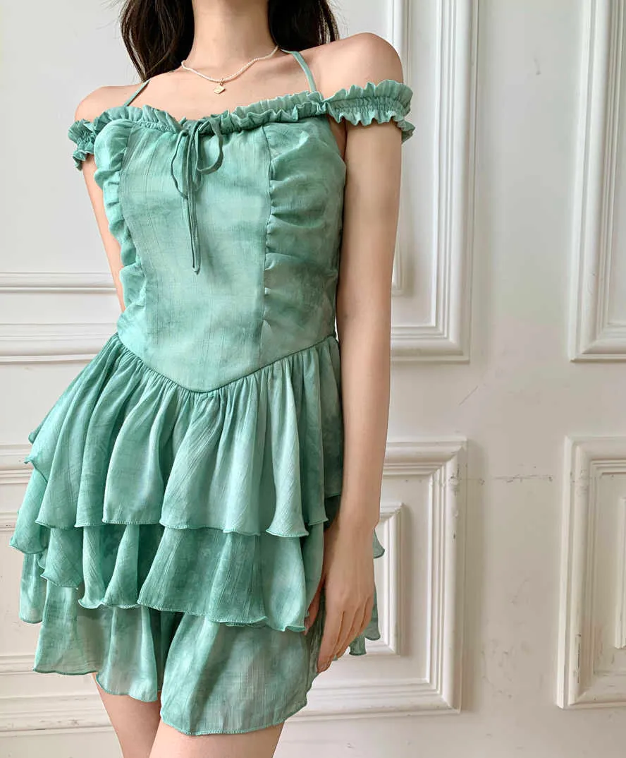 Robe Femme Feuille De Lotus Vert Tie-dye Gâteau Court D'été Tempérament Jarretelles Japonaises 210529