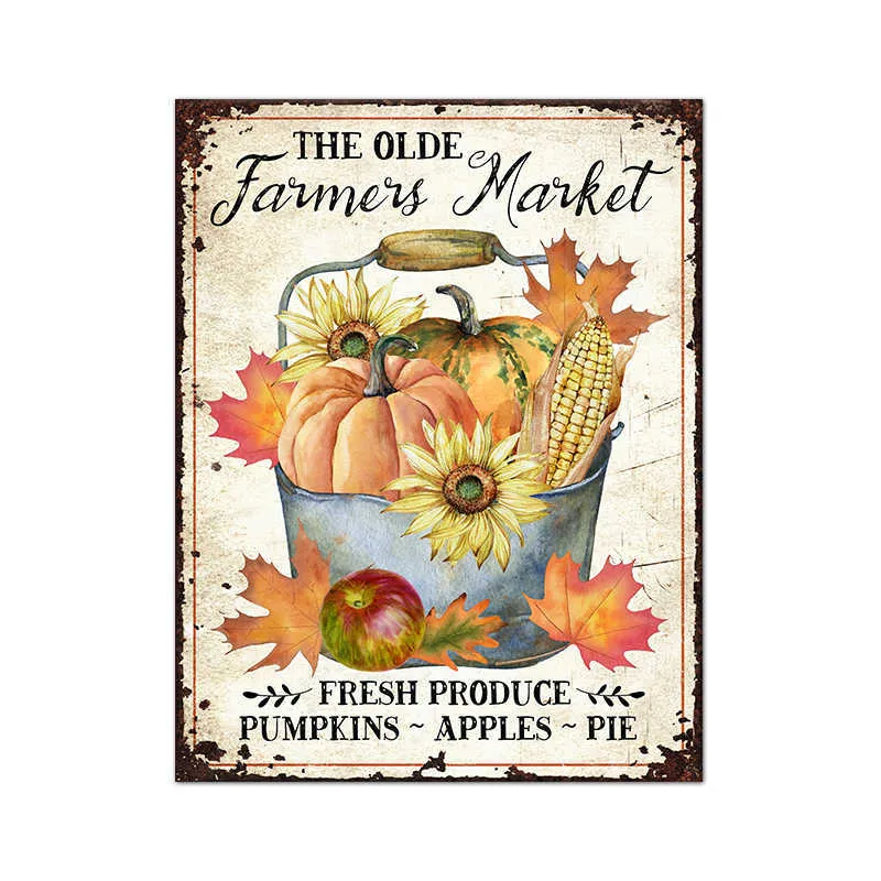 Farmers Market Fall Pumpkins Leaves Vintage Poster Rustic Metal Fall Sign Canvas Painting Country Farmhouse Style Prints Decor8879000