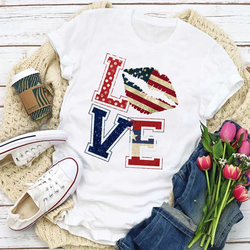 Kadın Grafik ABD Bayrağı Amerikan Vatansever Aşk Çiçek Yaz T-Shirt Tops Lady Bayan Giyim Giyim Tee Kadın T Gömlek X0527