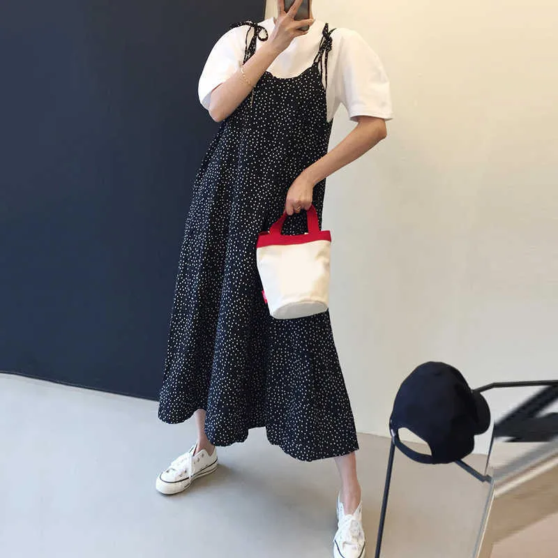 Korejpaa Women Sets Summer Korean Chic Retro Round Neck Loose Puff Sleeve T-shirt Small Polka Dot Wide Leg Sling Jumpsuit 210526