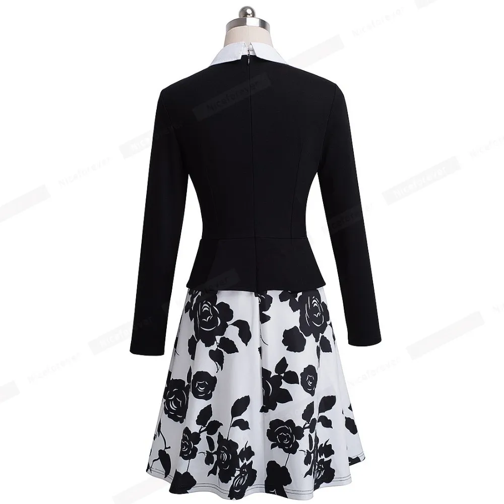 素敵な永遠のレトロな黒と白の花のターンダウンカラードレスカジュアルなAライン女性フレアドレスBtya027 210419