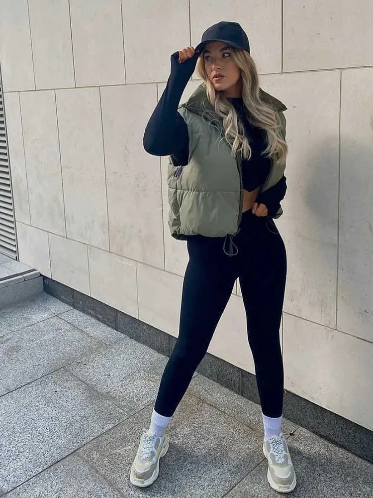 Automne Hiver Femmes Chic Vert Plissé Double Porter Gilet Veste Femme Mode Fermeture À Glissière Sans Manches Manteau Filles Casual Streetwear 210915