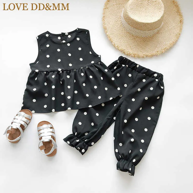 Amor DDMM Girls Define Summer Children's Children Girls Wave Point sem mangas camisa + fechando nove calças de duas peças terno 210715