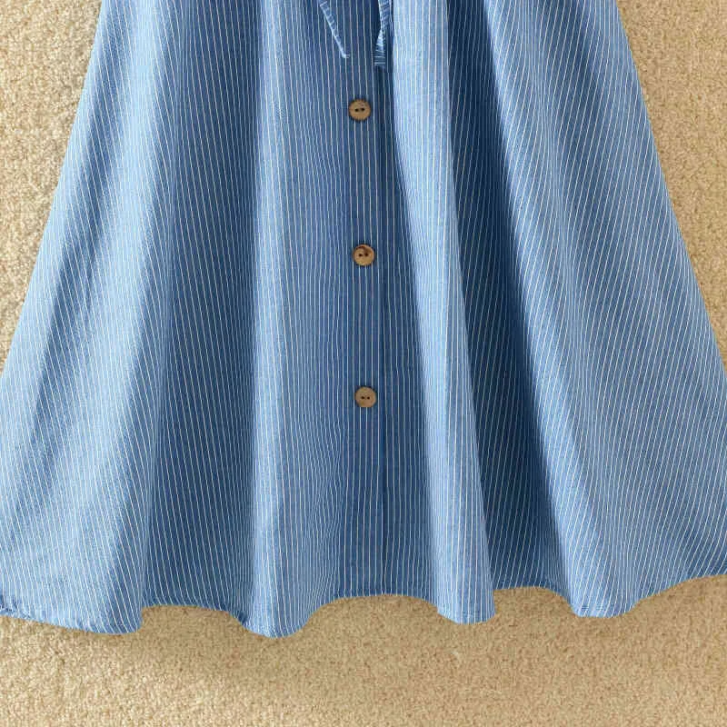 Kvinnor ruffle hög midja veckad kjol Summer Knee Lenth Bow Strap Denim kjolar Nya koreanska blå randig midi kjol kvinnlig 210415