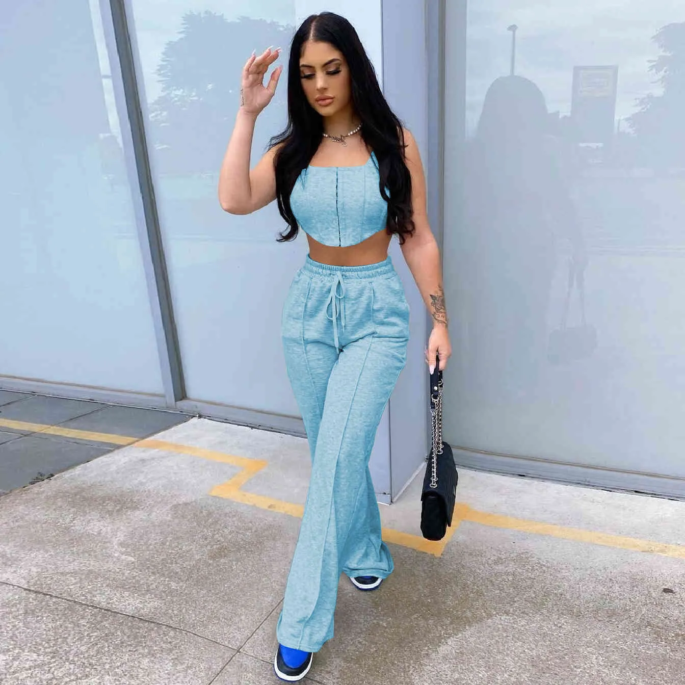 Women Two Piece Set Outfits Solid Sexy Sleeveless Corset Top Loose Casual Sweatpants Jogging Drawstring Sporty Pants Summer 210517