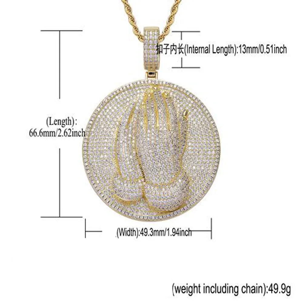 14k Gold Beting Hände Medaille Christian Anhänger Charm Round Diamond Cubic Zirkonia Gold Silber Halskette mit 24 -Zoll -Seilkette257M