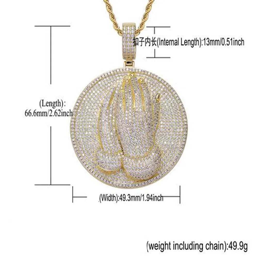 14k Gold Pray Hands Medal Christian Pendant Charm Round Diamond Cubic Zirconia Gold Silver Necklace With 24inch Rope Chain2893
