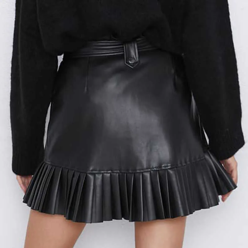 Ruffle High Waist Kjol Mini Sexig Short S Black Sash Elegant Leather Faux Med Fickor 210621