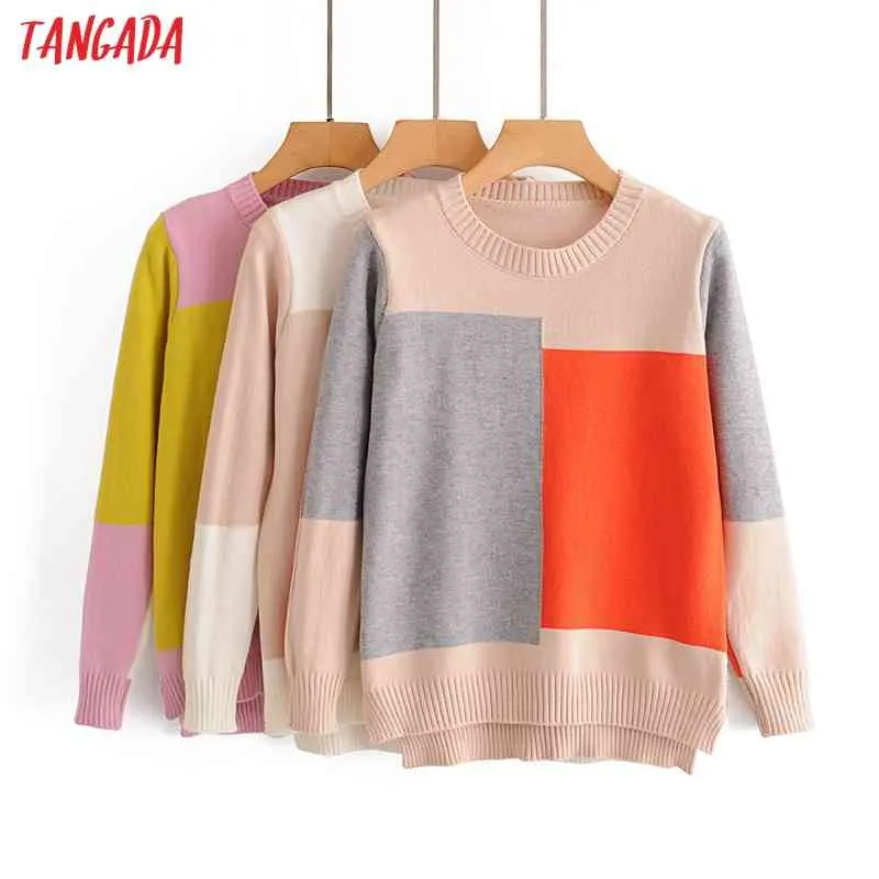 Mujeres moda color bloque suéter de punto jumper o cuello femenino oversize jerseys chic tops 3a45 210416