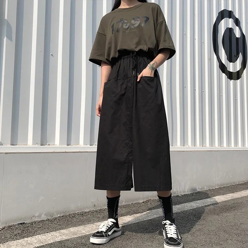 Harajuku szerokie spódnice nogi spodnie kobiety wysoki talii spodnie streetwear lato koreański ładunek pantalones mujer 210519