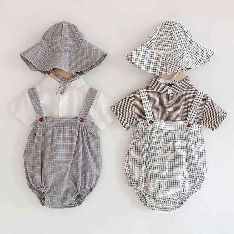 Summer Plaid Sling Romper + Hat Infant Boy Girl Set Short Sleeve Shirt Baby Clothes Casual Cute 210515