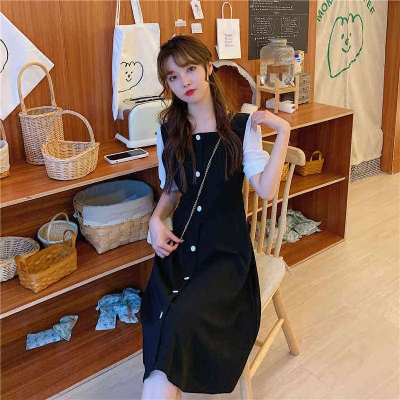 Robe Femmes Casual Patchwork Bouton Fête Chic Filles Élégant Tendre Dames Tout-Match Mode Ulzzang Tendance Chic Élégant Nouveau Y1204