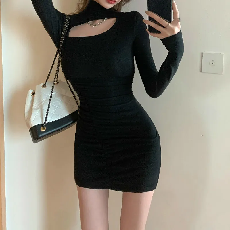 Ezgaga turtleneck mulheres sexy vestido manga comprida mola moda slim cintura sólida oca out bodycon vestido elegante vestidos 210430