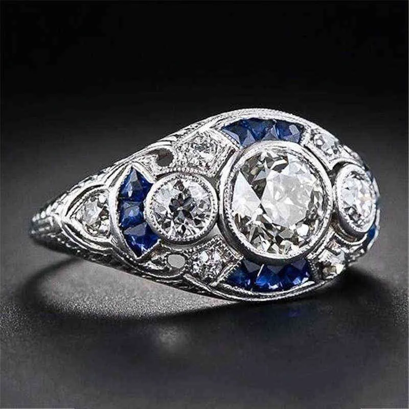 925 Anillos Silver Retro Court Pełna Sześcienna Cyrkonia Pierścień Dla Kobiet Panie Eleganckie Niebieskie Kryształowe Pierścienie Bankiet Sapphire Biżuteria 211217