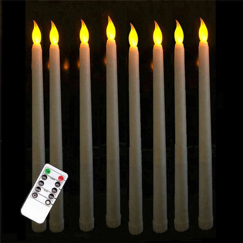 8 개의 따뜻한 흰색 원격 플라머리스 LED 테이퍼 촛불 팩 현실적인 밝은 깜박임 전구 배터리 작동 28cm 상아 LED 촛불 H12230D