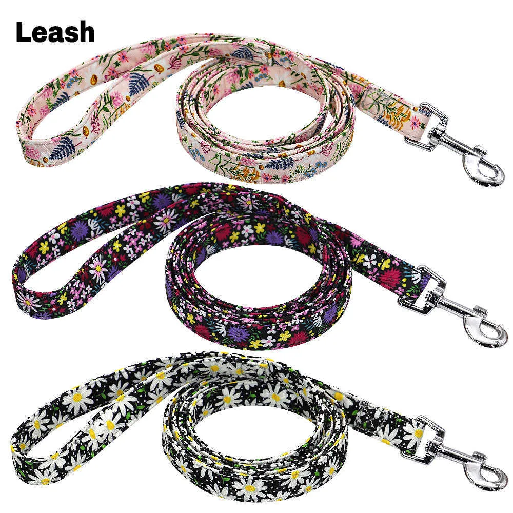 Flower Printed Dog Collar Harness Leash Set Nylon Small Medium Large Dogs Harness Vest Collar Leashes for Chihuahua Puppy Pet 211006