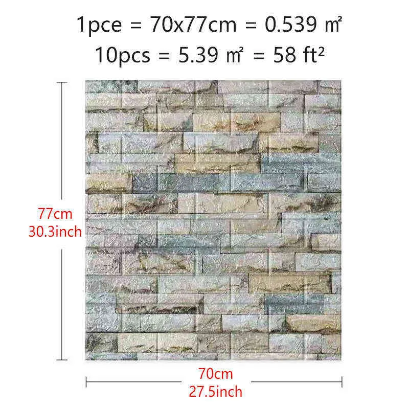 10ピース3Dレンガの壁ステッカーレトロな煉瓦石の模様の自己接着防止衝突壁紙フォームパネル70x77cmの家の装飾211124