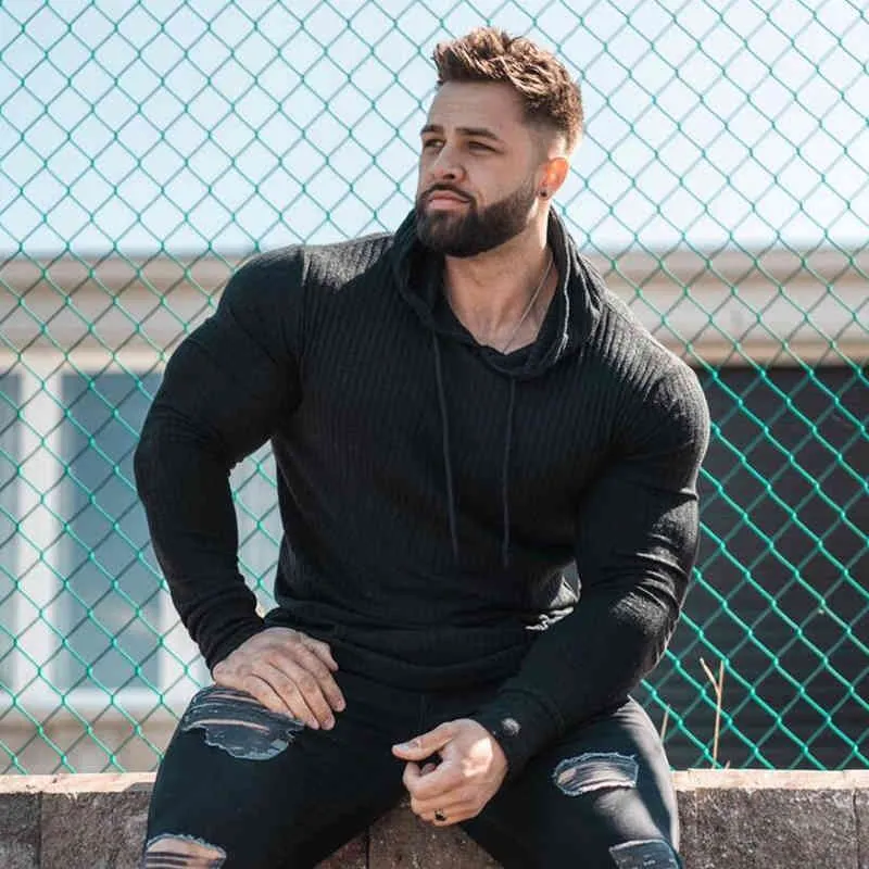 New Spring Fashion Hooded Sweaters Men Warm Turtleneck Sweaters Slim Fit Sports Pullover Men Sweater Gym Knitwear Pull Homme 210421