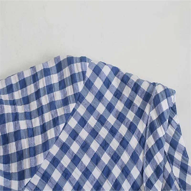 ZA Blue Gingham Mini Dress Women Long Puff Sleeve V Neck Spring Dresses Woman Chic Plaid Flounced Hem Office Dress 210602