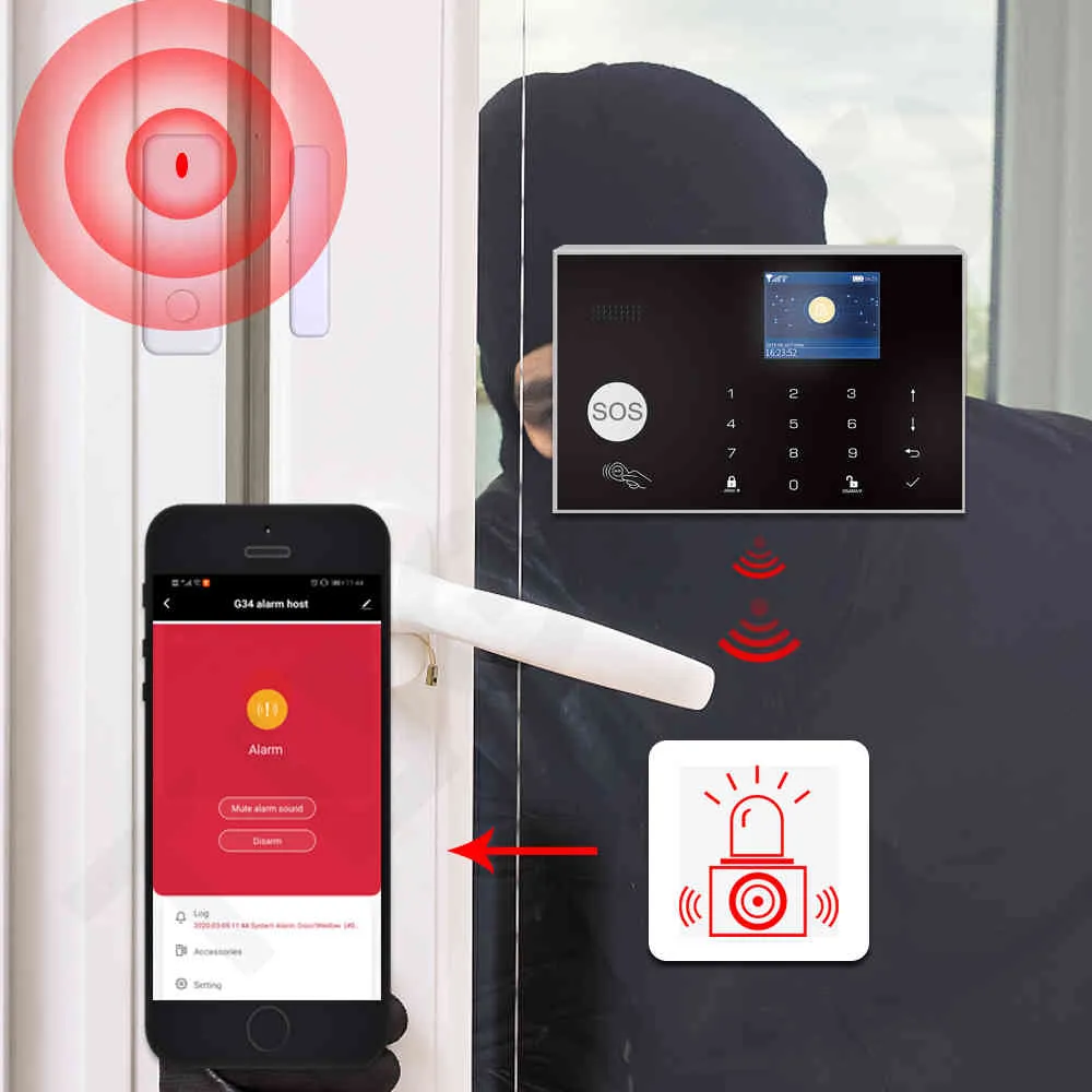 Tuya – Kit de système d'alarme anti-cambriolage intelligent, WiFi, GSM, sécurité domestique, 433MHz, avec détecteur de fumée et d'incendie sans fil