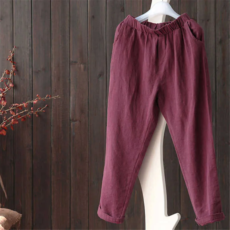 Pantalones de tobillo de cintura elástica de gran tamaño para mujer Pantalones de harén sueltos de lino de algodón casual Pantalón de otoño de verano femenino 210909