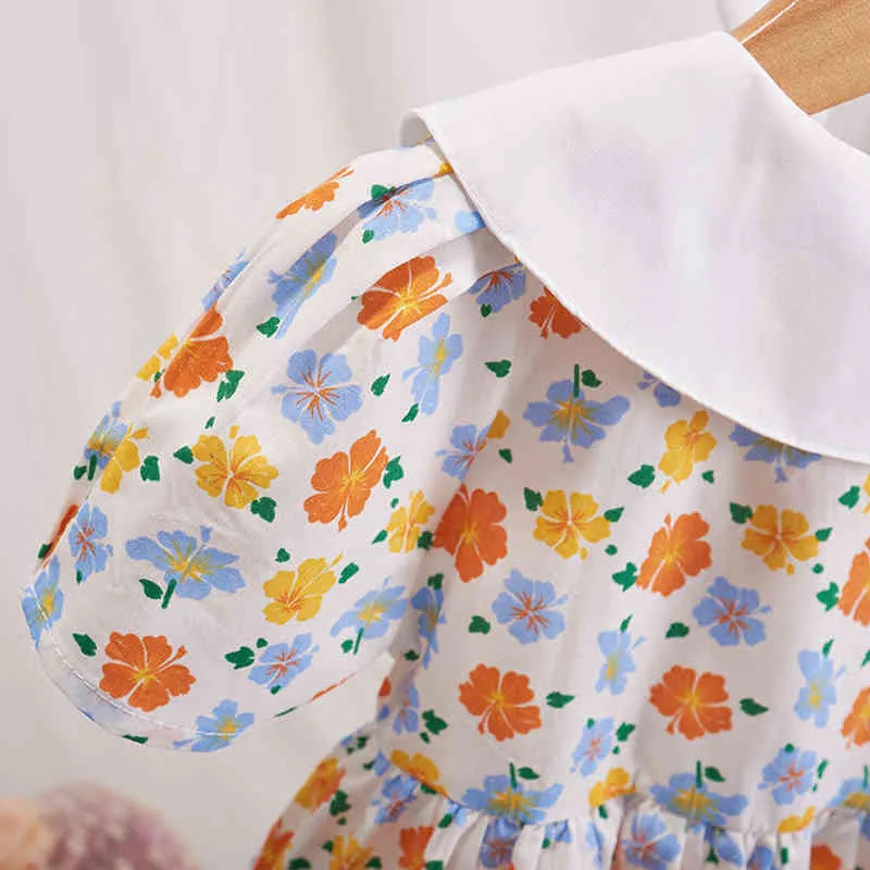 Zomer meisje jurk Koreaanse stijl floral bladerdeeg mouw schattige peuter kinderkleding 2-6Y 210515