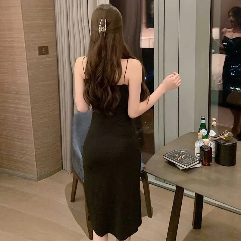 Zwarte lange jurk vrouwelijke strikje riem elegante midi slanke buis top Koreaanse stijl kleding 210604